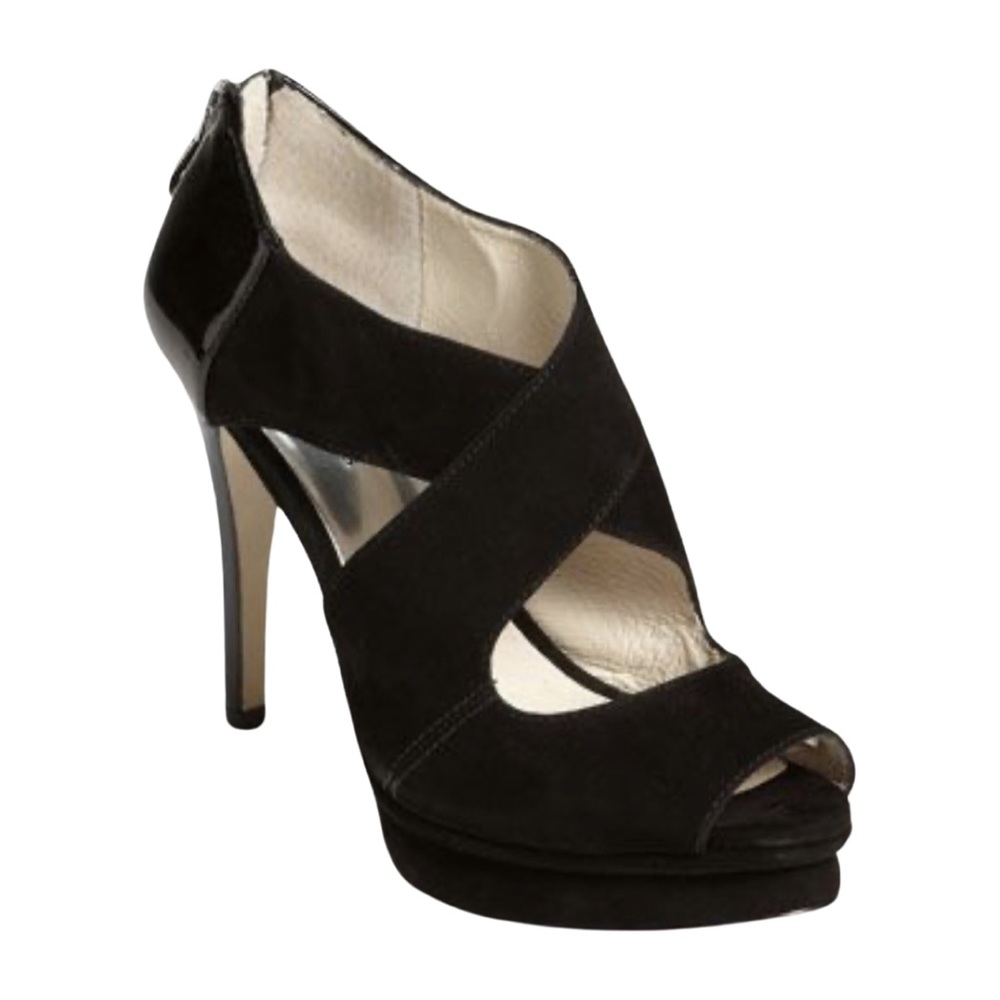 Michael Kors Women’s Elena Cross Strap Black Platform Heel In Black Suede Size:6